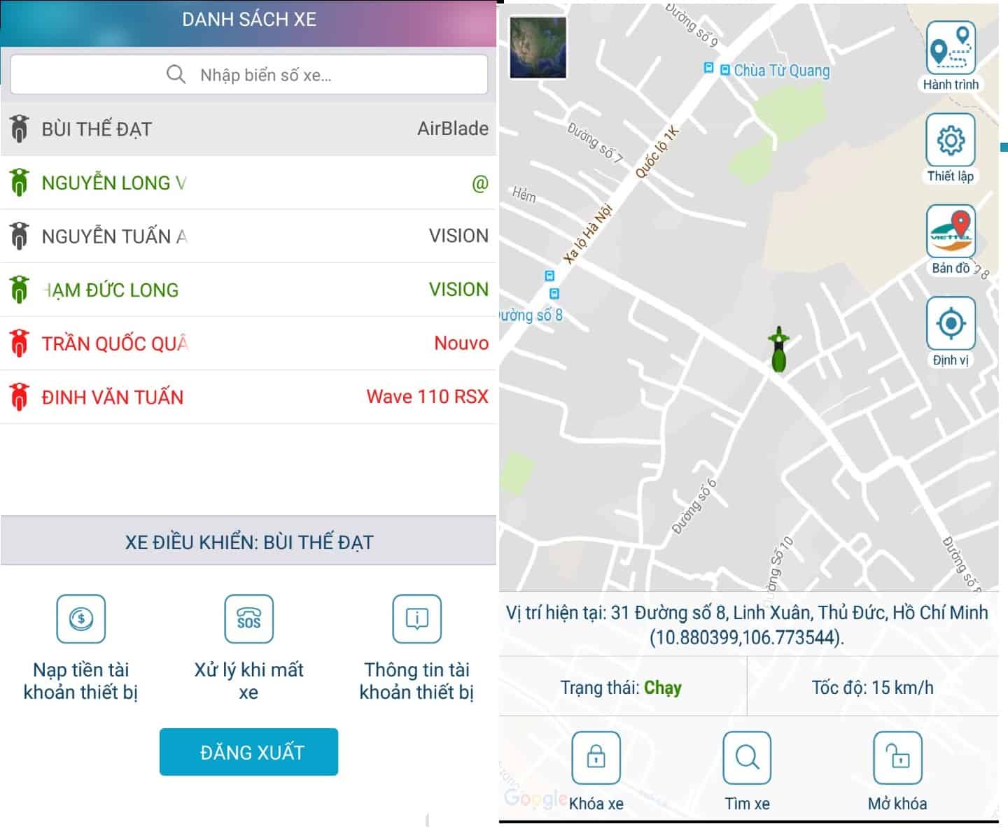 vị trí hiện tại của xe trên phần mềm