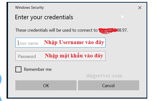 Bạn hãy tiến hành nhập chính xác Username và mật khẩu của VPS rồi nhấn OK