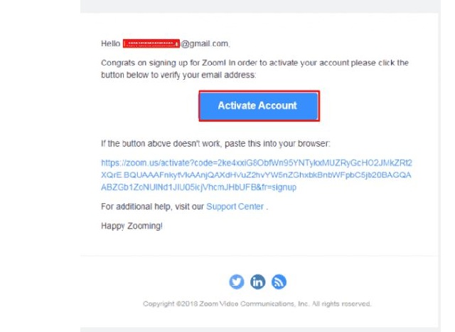 Kích hoạt tài khoản tài khoản Zoom trong địa chỉ gmail nhận được từ hệ thống