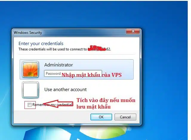 Nhập mật khẩu của VPS được cung cấp vào ô Administrator