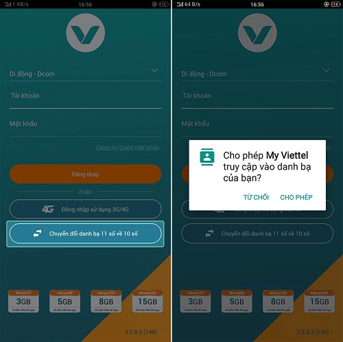 Nhấn “Cho phép” để cho phép My Viettel truy cập vào danh bạ 