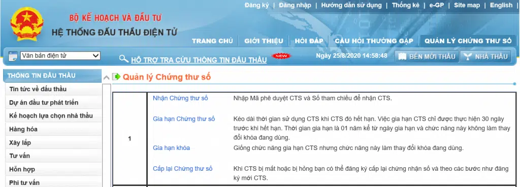 gia hạn chứng thư số qua mạng trên muasamcong.mpi.gov.vn