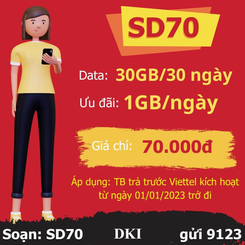 Gói SD70 Viettel 70k có 30GB Data tốc độ cao/30 ngày