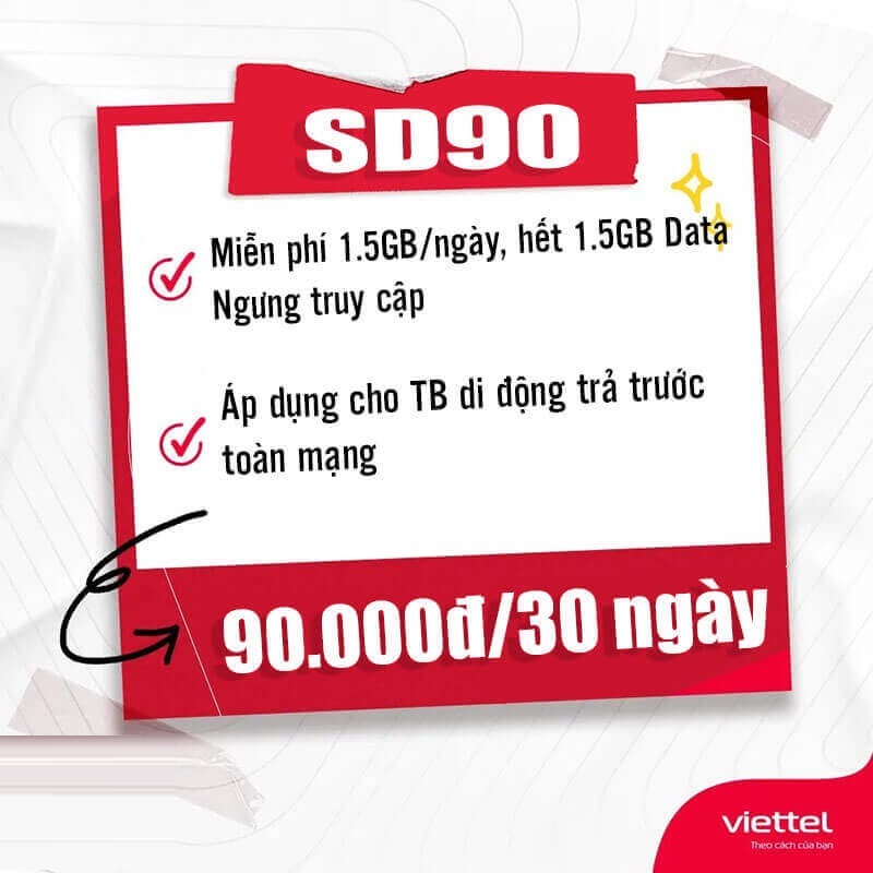 SD90 Viettel - Gói cước 90K có 45Gb Data Tốc Độ Cao/30 Ngày