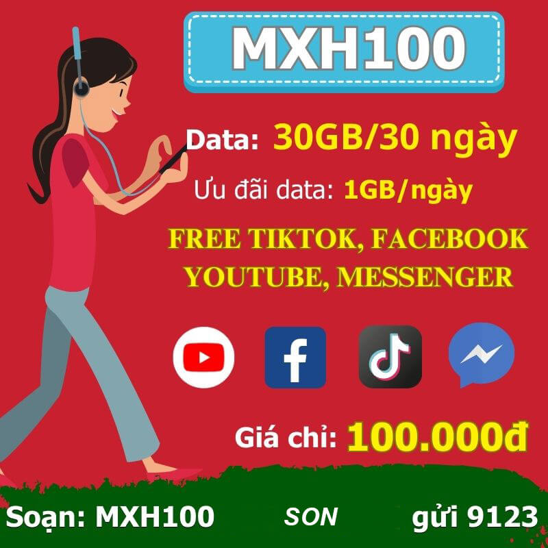 Gói MXH100 Viettel 100K có 30Gb data + Free Tiktok, Youtube, Fb