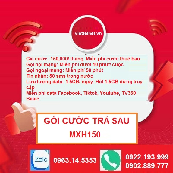 Gói trả sau MXH150 nội mạng 10p/cuộc, ngoại mạng 50p, 1.5gb data/ngày