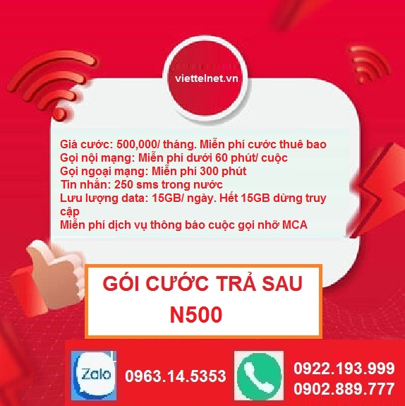 Gói trả sau N500 nội mạng 60p/cuộc, ngoại mạng 300p, 15gb data/ngày