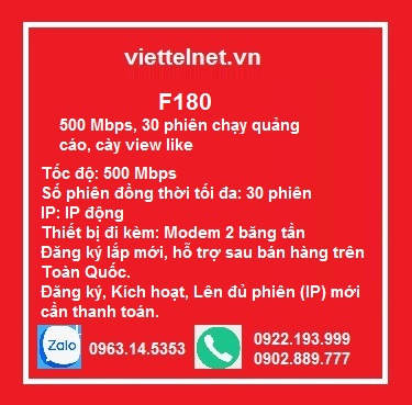 Gói F180: 500 Mbps, 30 phiên chạy quảng cáo, cày view like