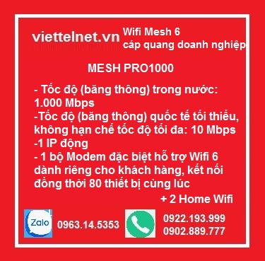 Gói MESH PRO1000: 1000 Mbps, cáp quang doanh nghiệp, 1 IP động + 2 Home Wifi