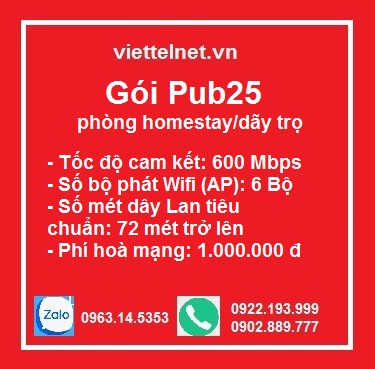 Gói Pub25: 600Mbps, 6 bộ phát, 25 phòng homestay/dãy trọ