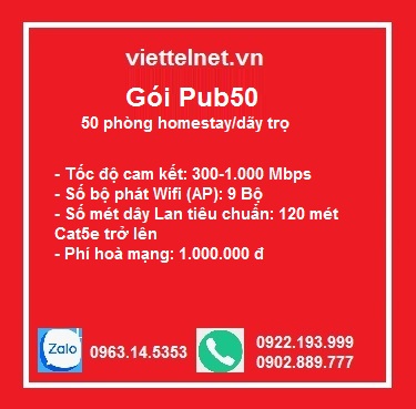 Gói Pub50: 1000Mbps, 9 bộ phát, 50 phòng homestay/dãy trọ