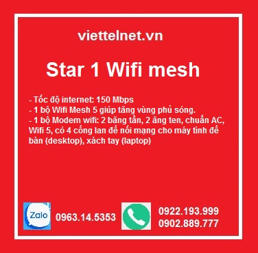 Gói Star 1 Wifi mesh:  150 Mbps, 15 thiết bị, phủ sóng rộng, IP động