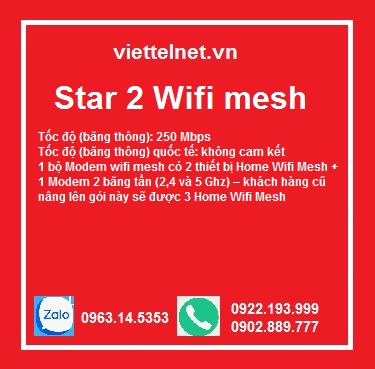 Gói Star 2 Wifi mesh:  250 Mbps, 25 thiết bị, phủ sóng rộng, IP động