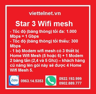 Gói Star 3 Wifi mesh: 300 Mbps, 30 thiết bị, phủ sóng rộng, IP động