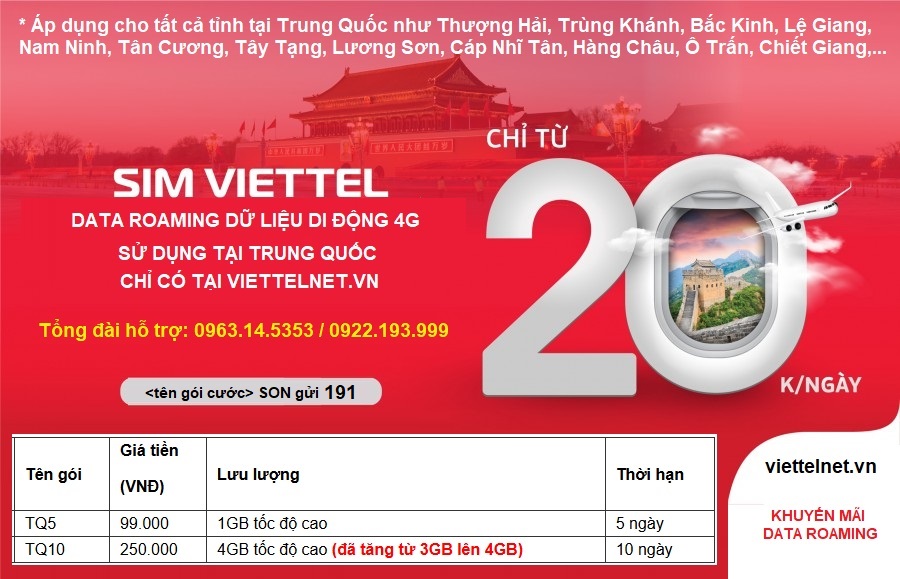 Tặng data roaming dữ liệu di động Viettel sử dụng tại Trung Quốc