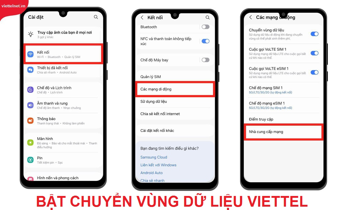 Bật Chuyển vùng dữ liệu trên điện thoại