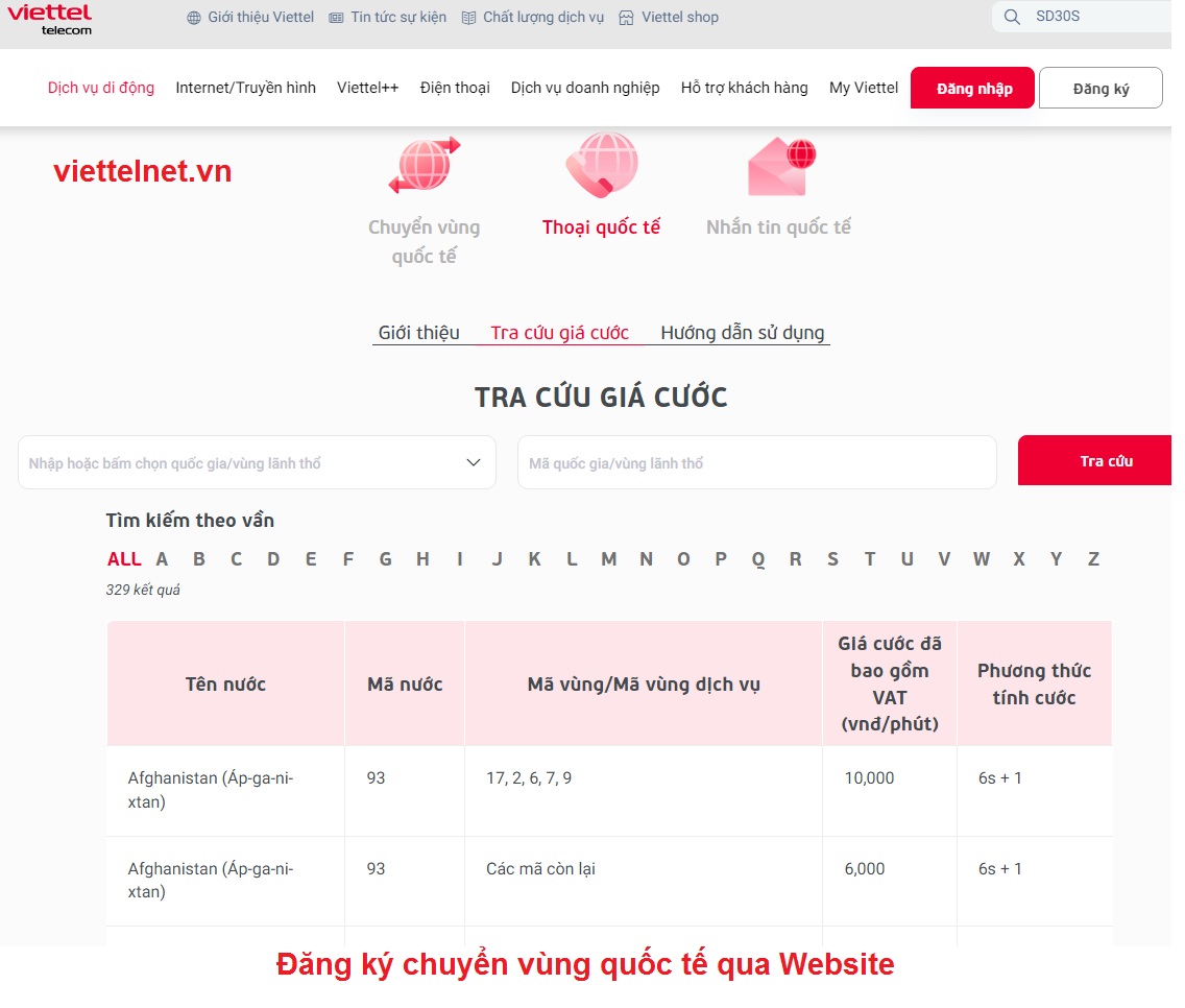 Đăng ký chuyển vùng quốc tế qua Website