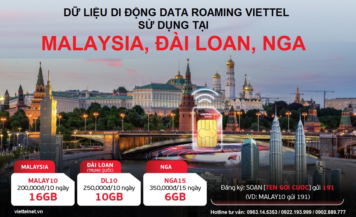 Data Roaming tại Malaysia, Đài Loan Trung Quốc và Nga
