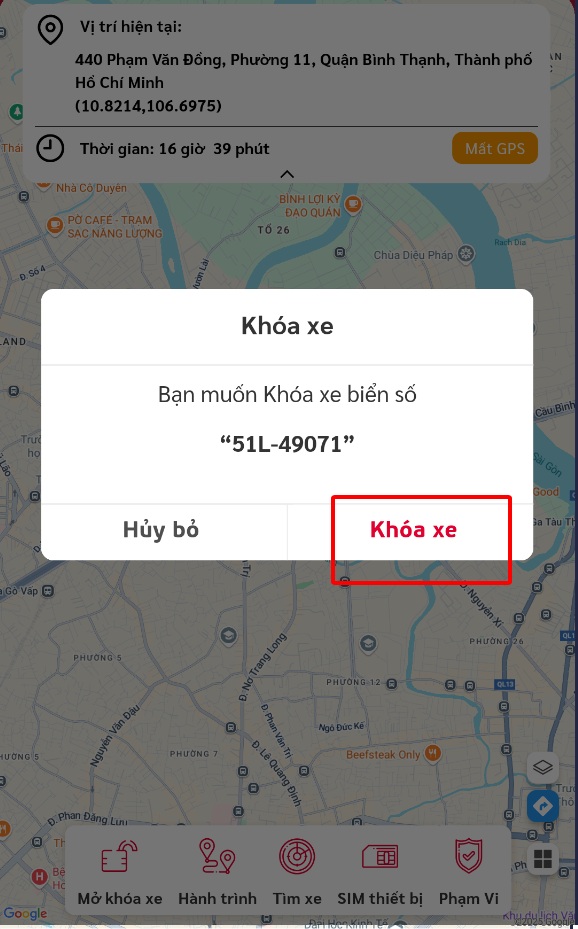thao tác khóa xe trên ứng dụng smart motor