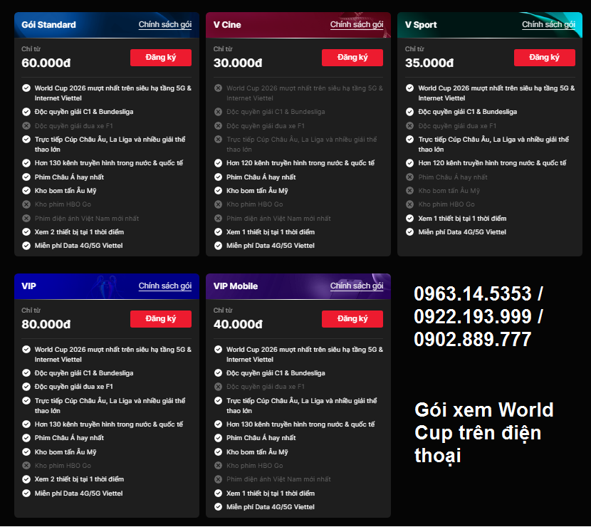Các gói cước xem World Cup