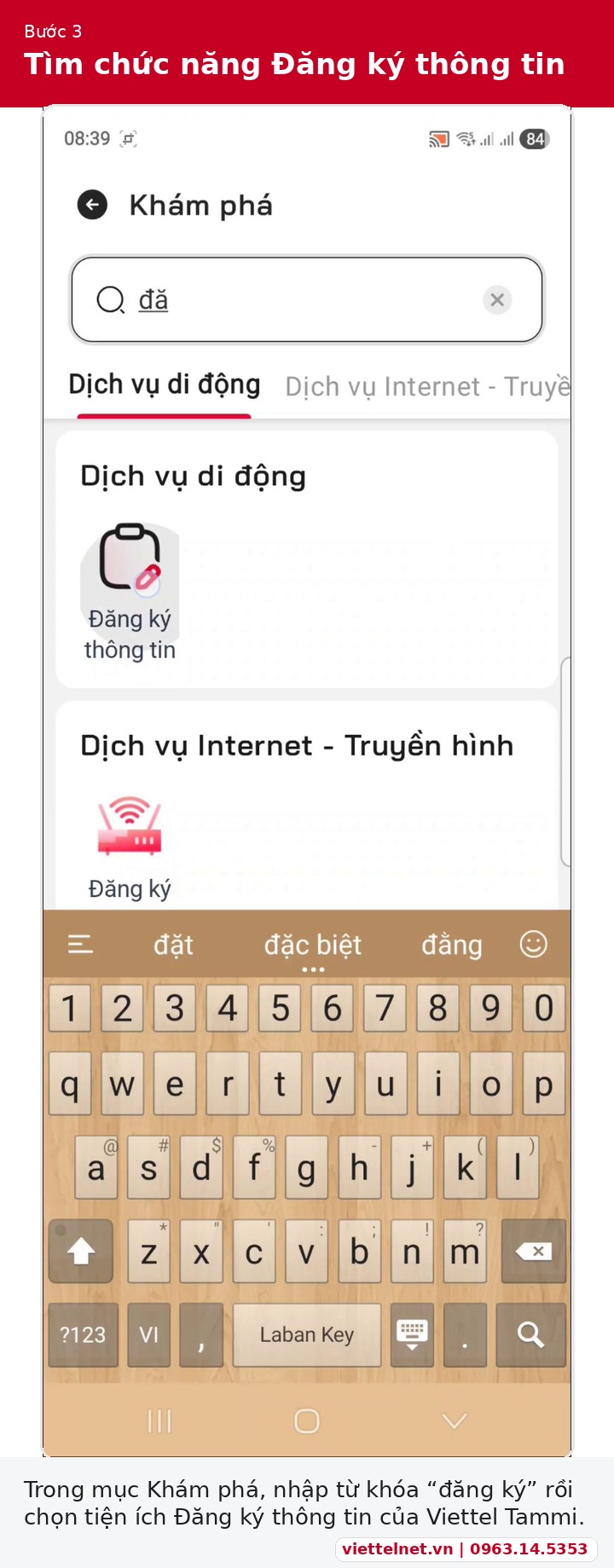 Tìm chức năng đăng ký thông tin trên Viettel Tammi