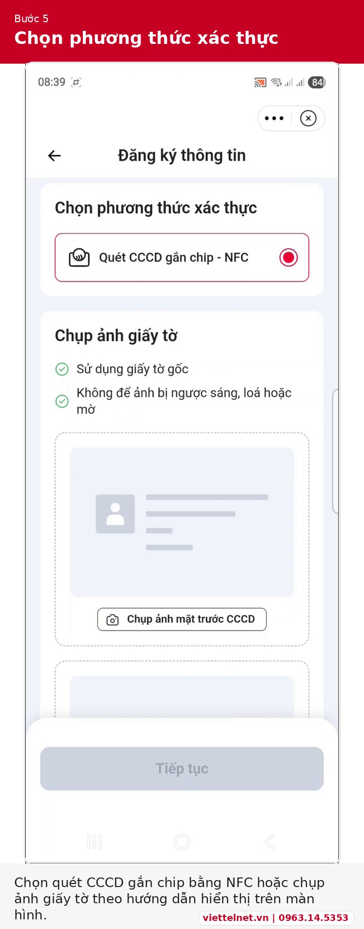 Chọn phương thức xác thực thông tin thuê bao trên Viettel Tammi