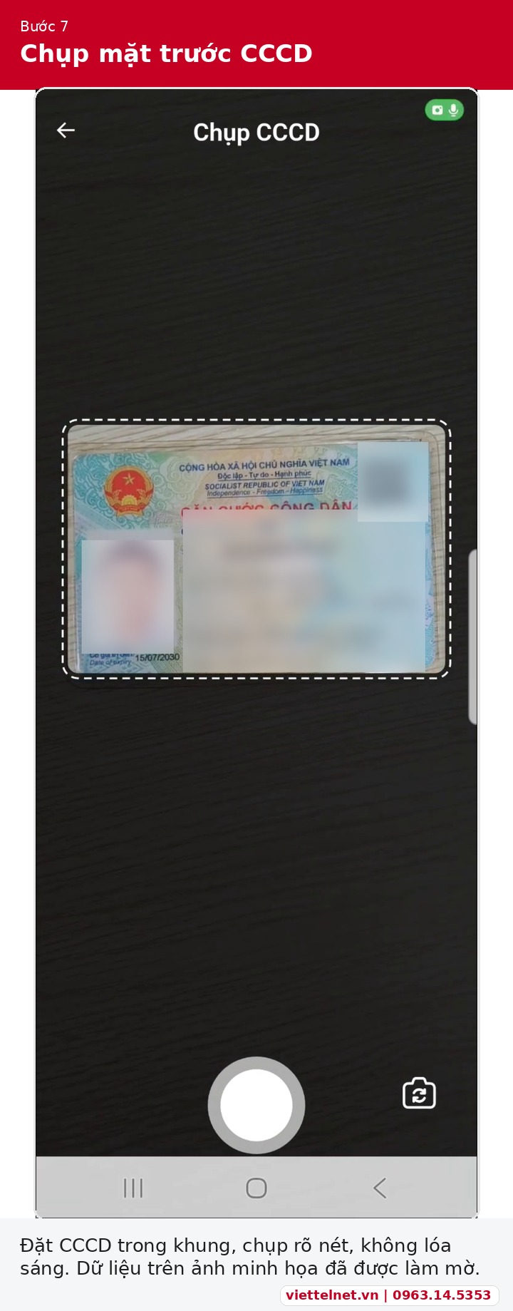 Chụp mặt trước CCCD để đăng ký thông tin sim chính chủ Viettel