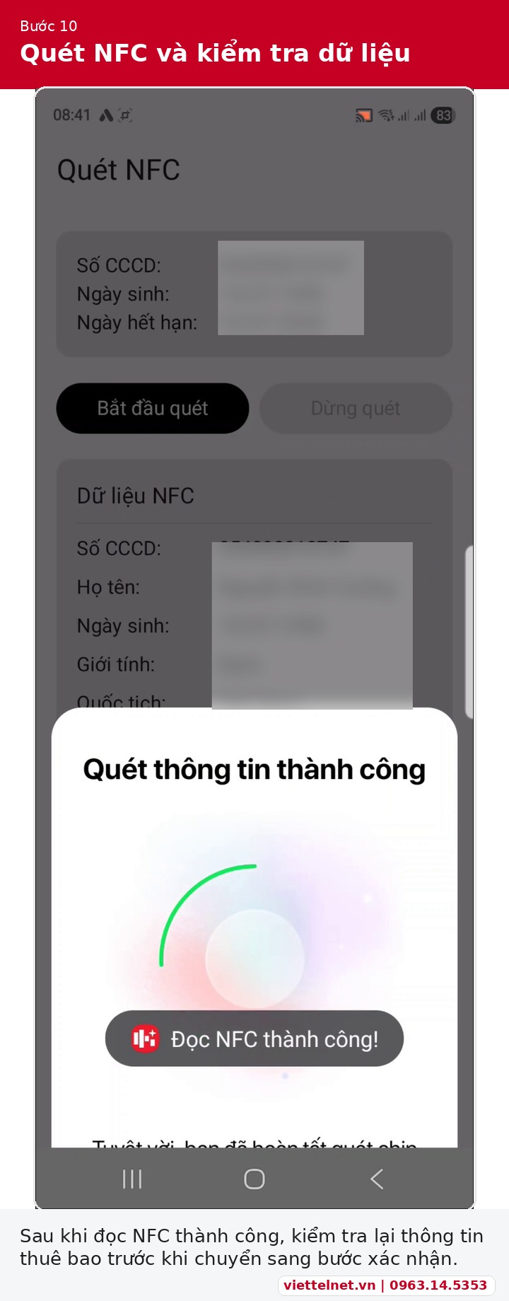 Quét NFC CCCD và kiểm tra dữ liệu thuê bao Viettel