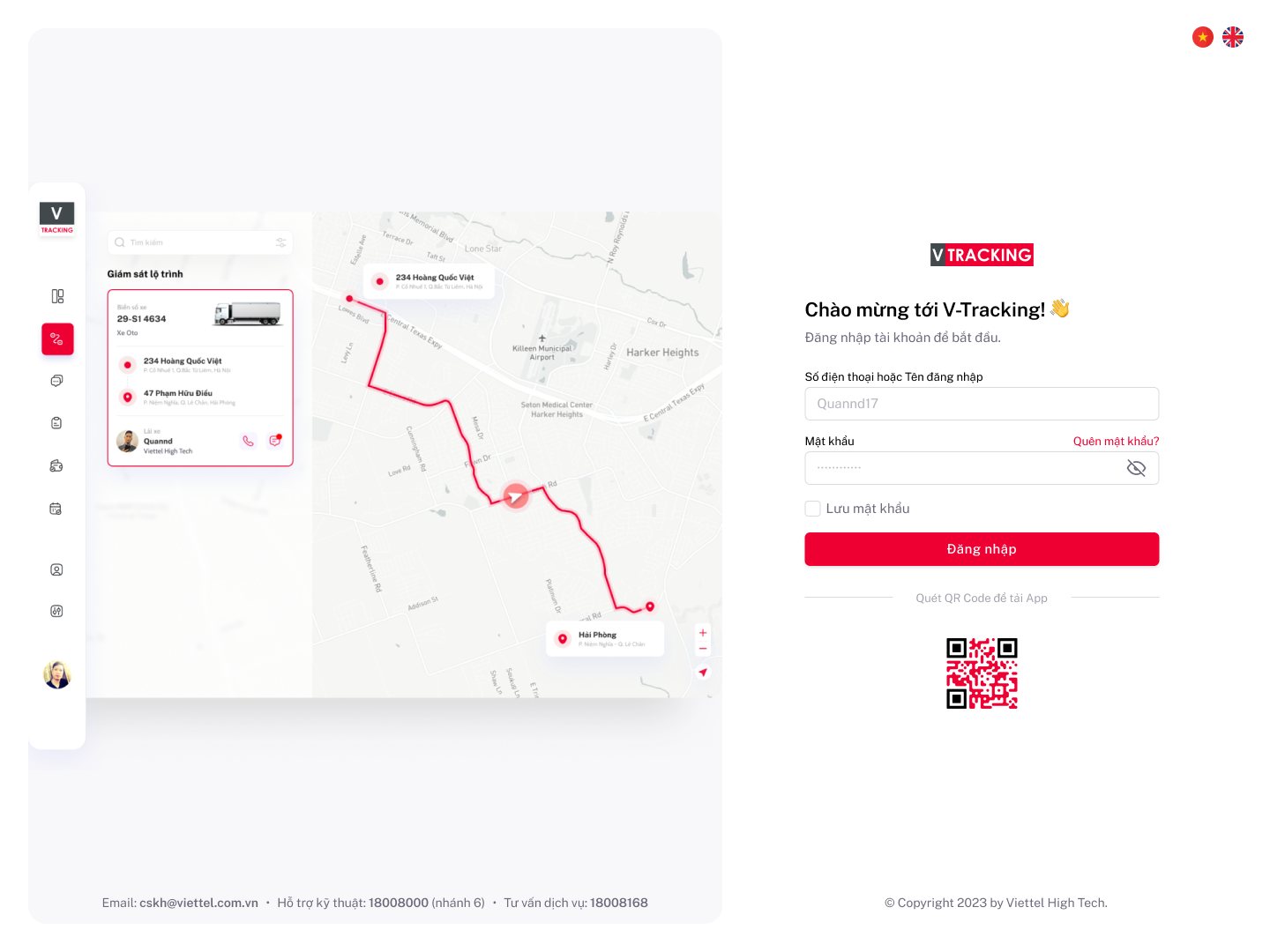 Màn hình đăng nhập hệ thống VTracking/Tendoo Vận Tải
