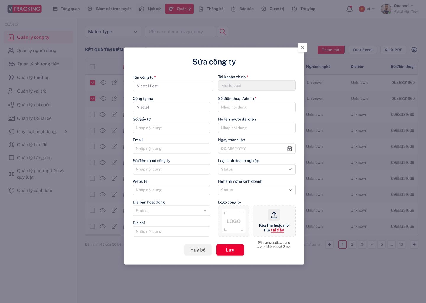 Form chỉnh sửa thông tin công ty