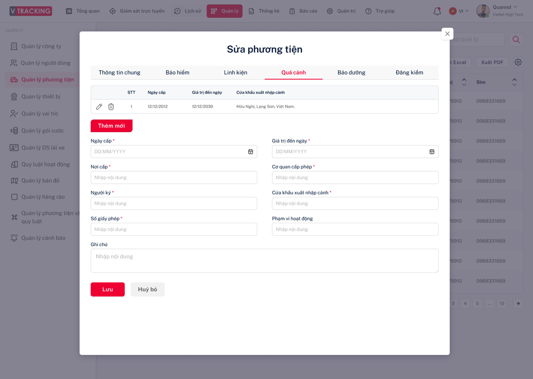 Form thêm hoặc sửa thông tin quá cảnh