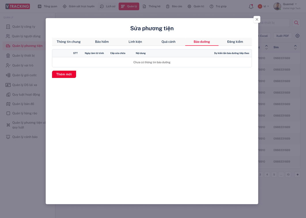 Tab quản lý lịch bảo dưỡng phương tiện