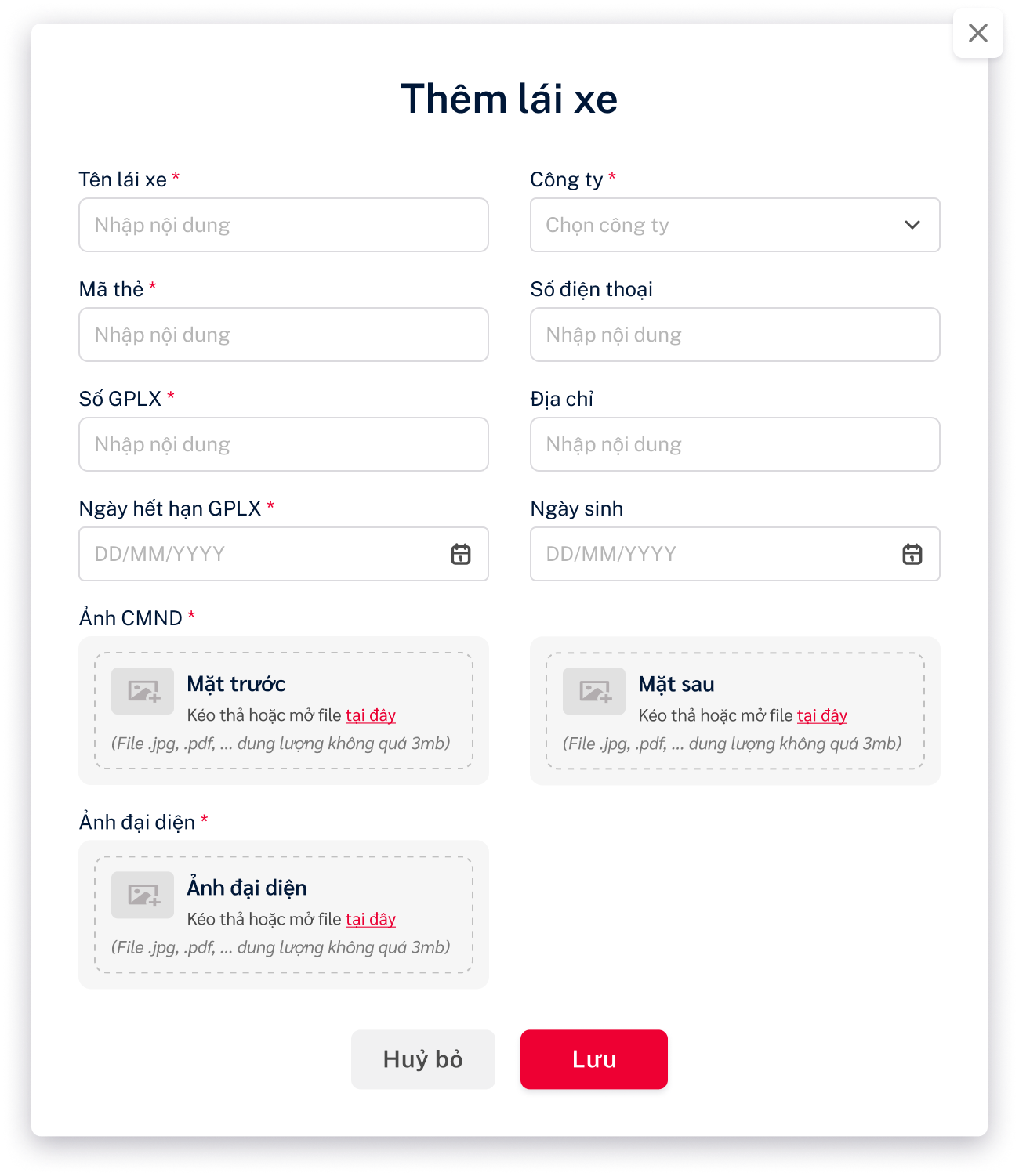 Form cập nhật thông tin lái xe