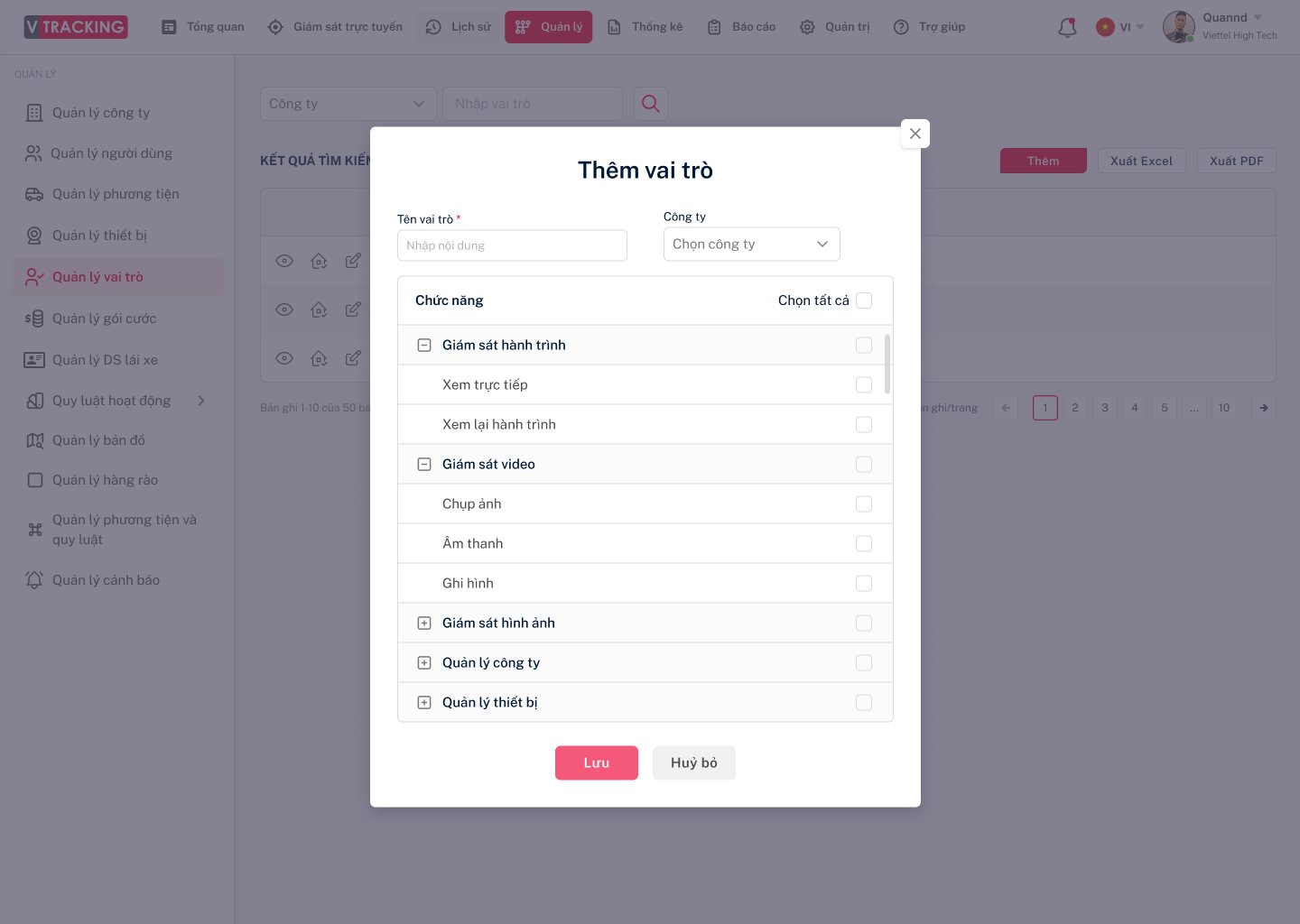 Form thêm mới vai trò và phân quyền