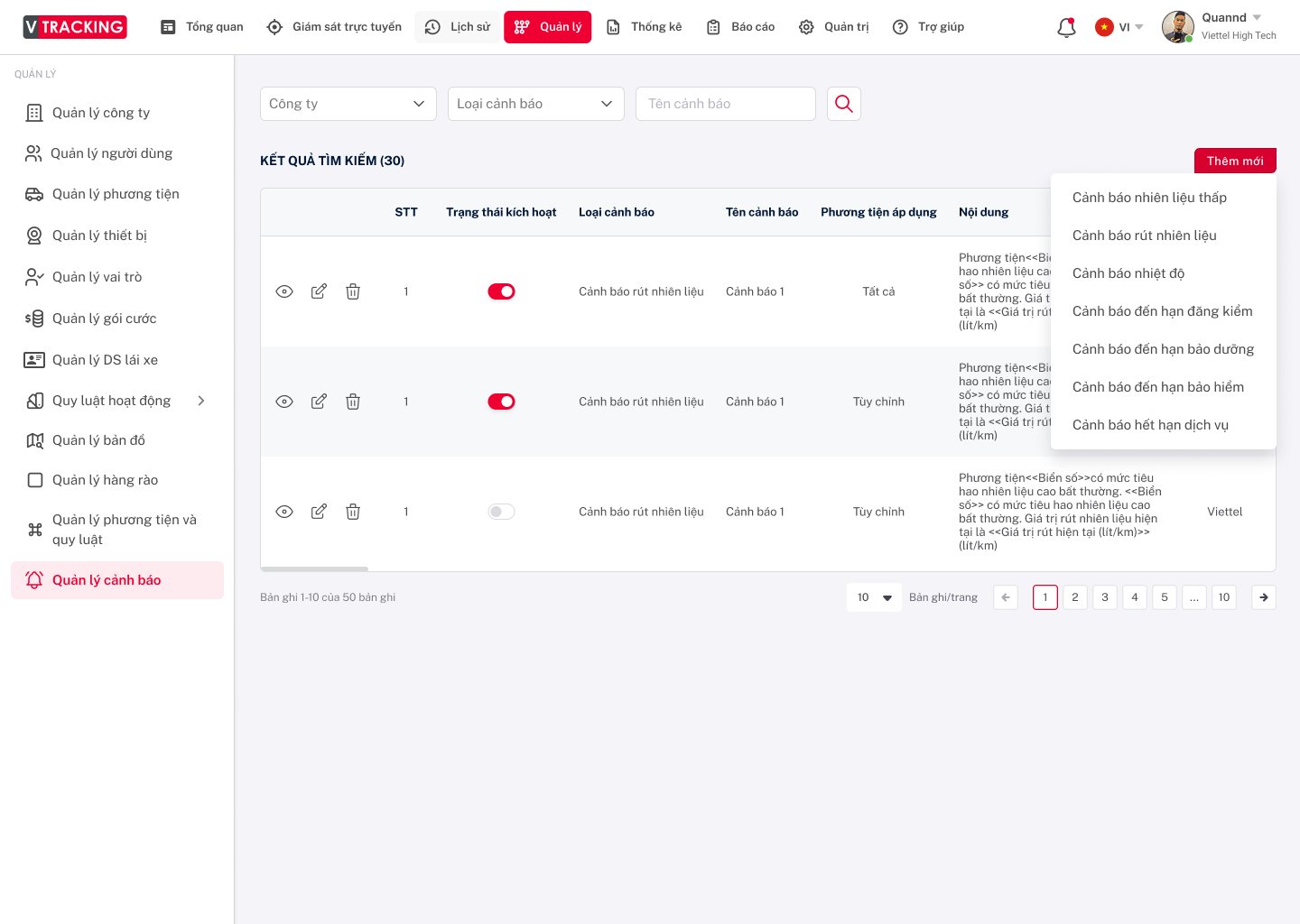 Cấu hình cảnh báo vận hành trên VTracking
