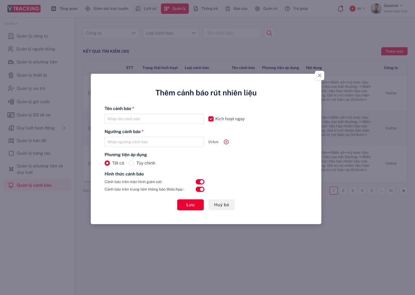 Cấu hình cảnh báo vận hành trên VTracking