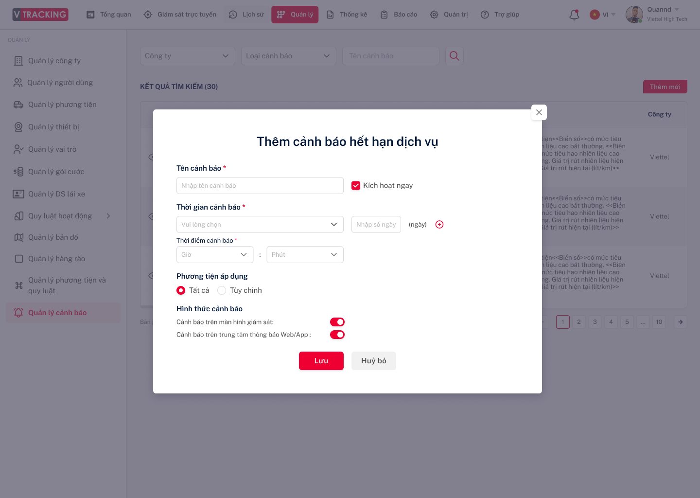 Cấu hình cảnh báo vận hành trên VTracking