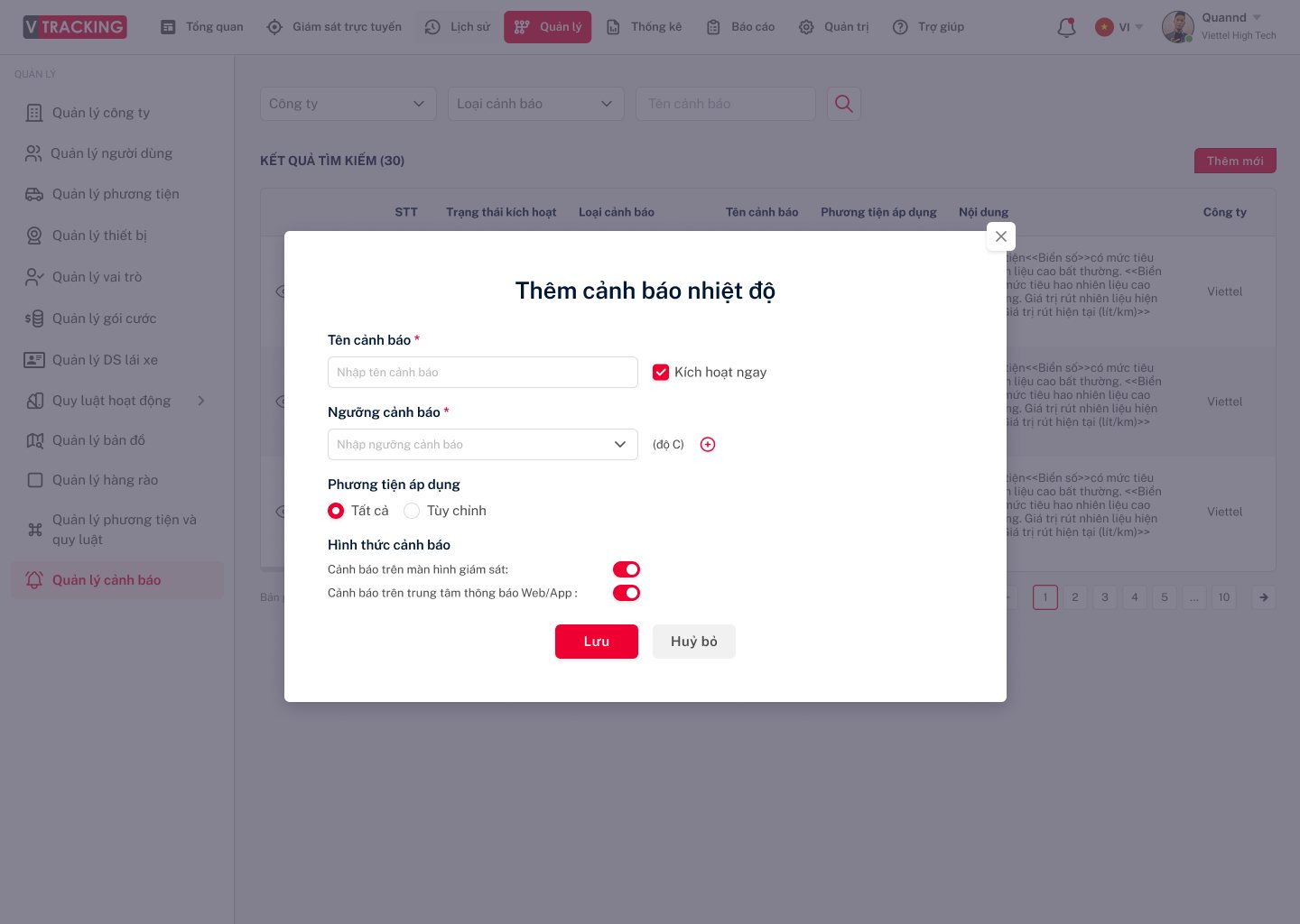 Cấu hình cảnh báo vận hành trên VTracking