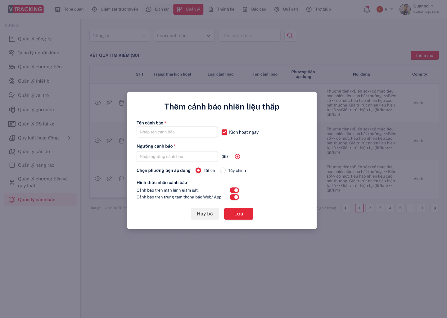 Cấu hình cảnh báo vận hành trên VTracking