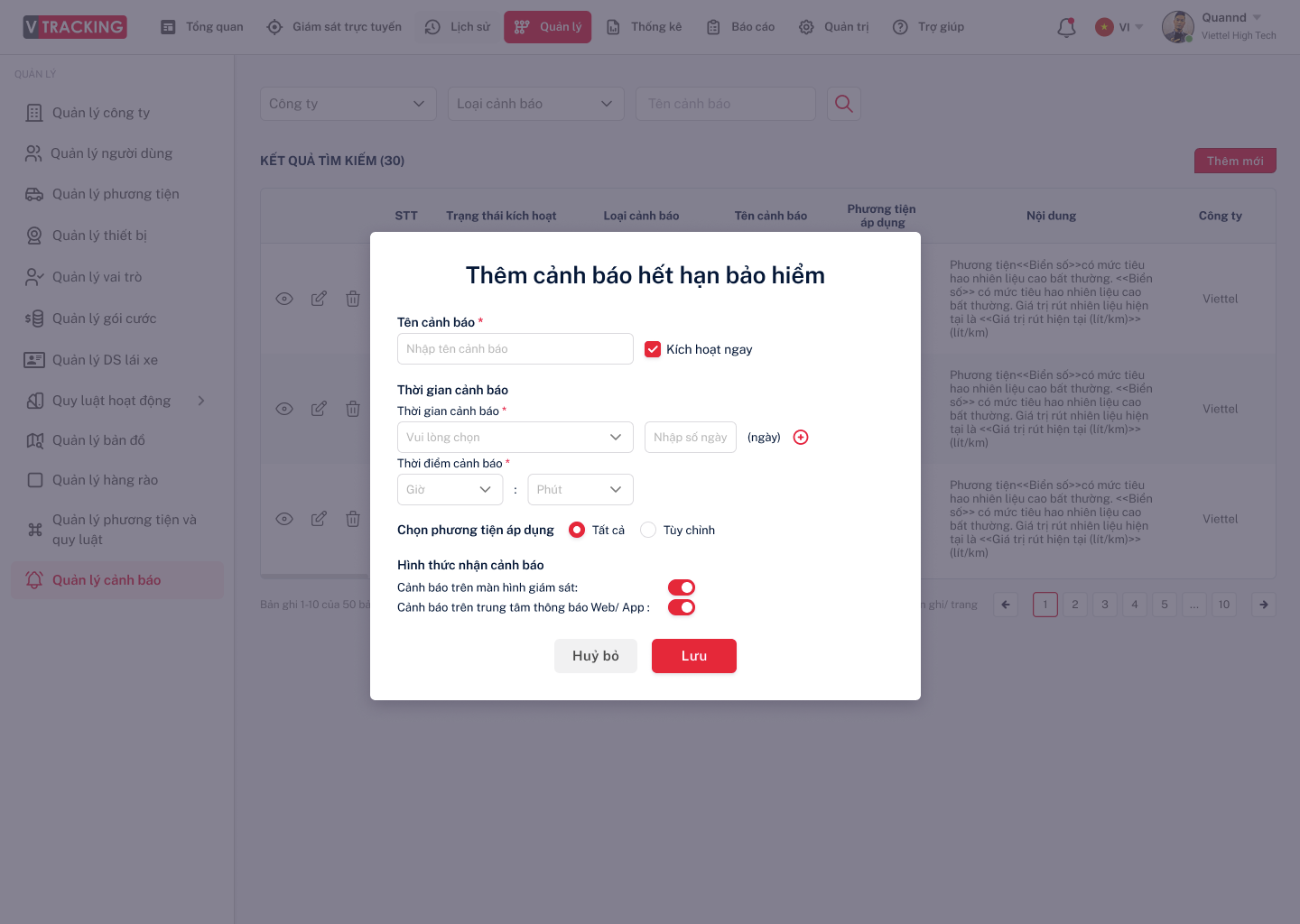 Cấu hình cảnh báo vận hành trên VTracking
