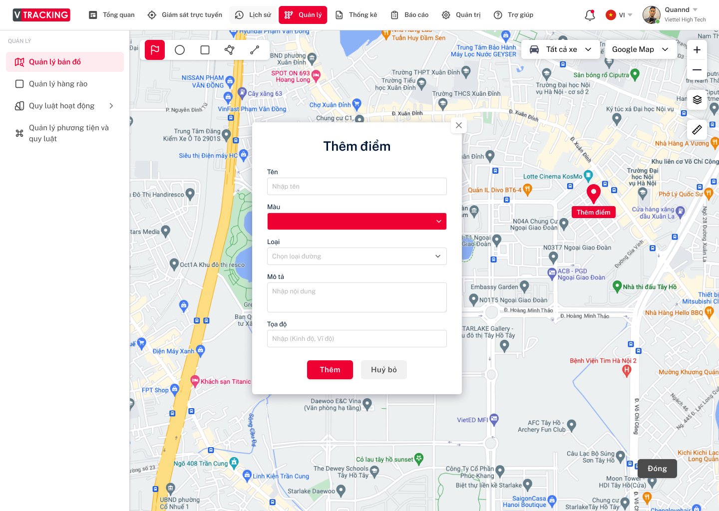 người dùng quản trị chọn icon trên bản đồ map
